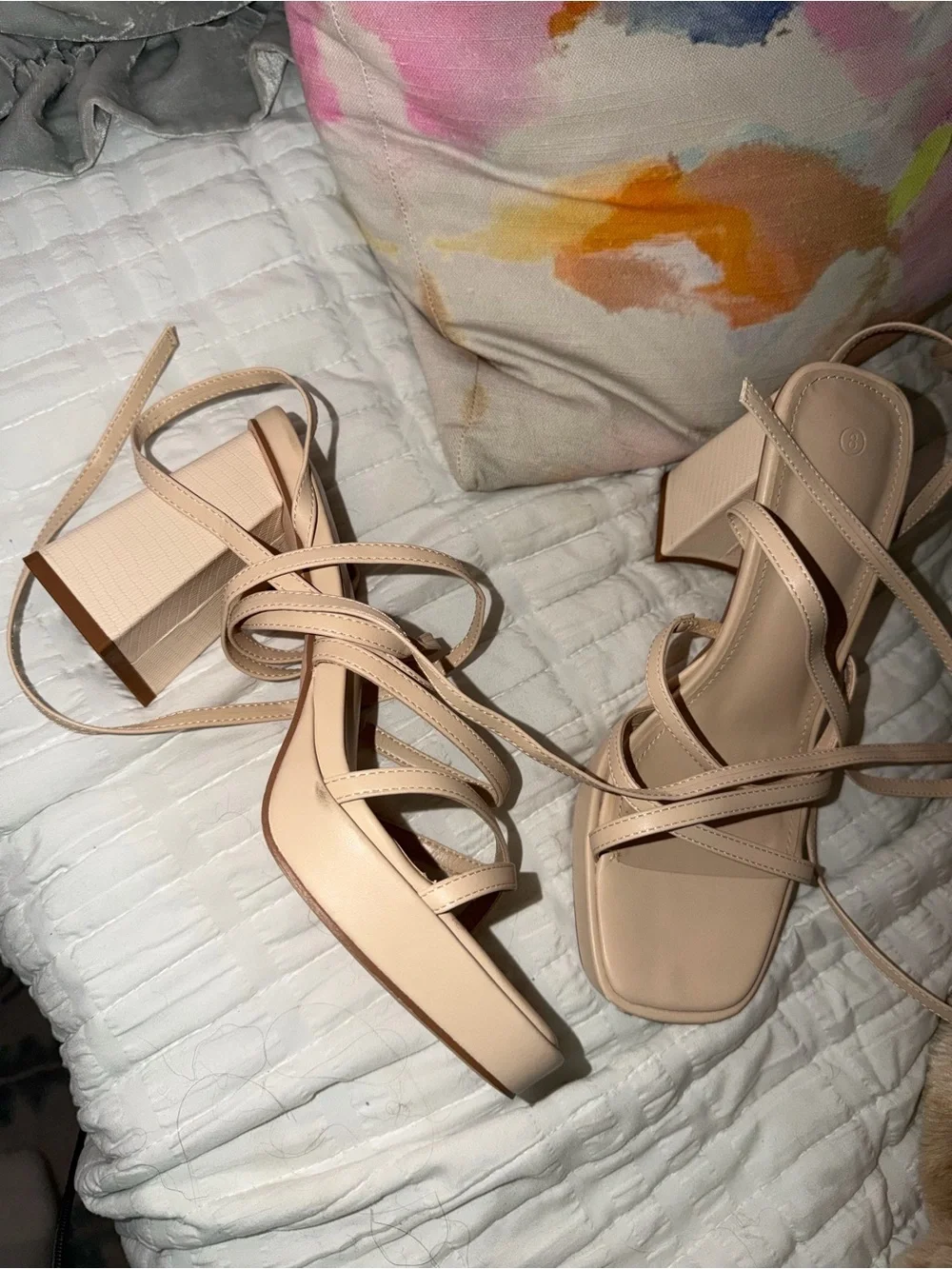 Women's Strappy Square-Toe Heeled Sandals in Nude